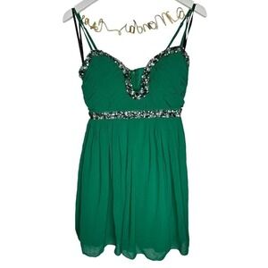 VTG Deb Emerald‎ Green Embellished Chiffon Mini Dress XS Empire Waist Sweetheart